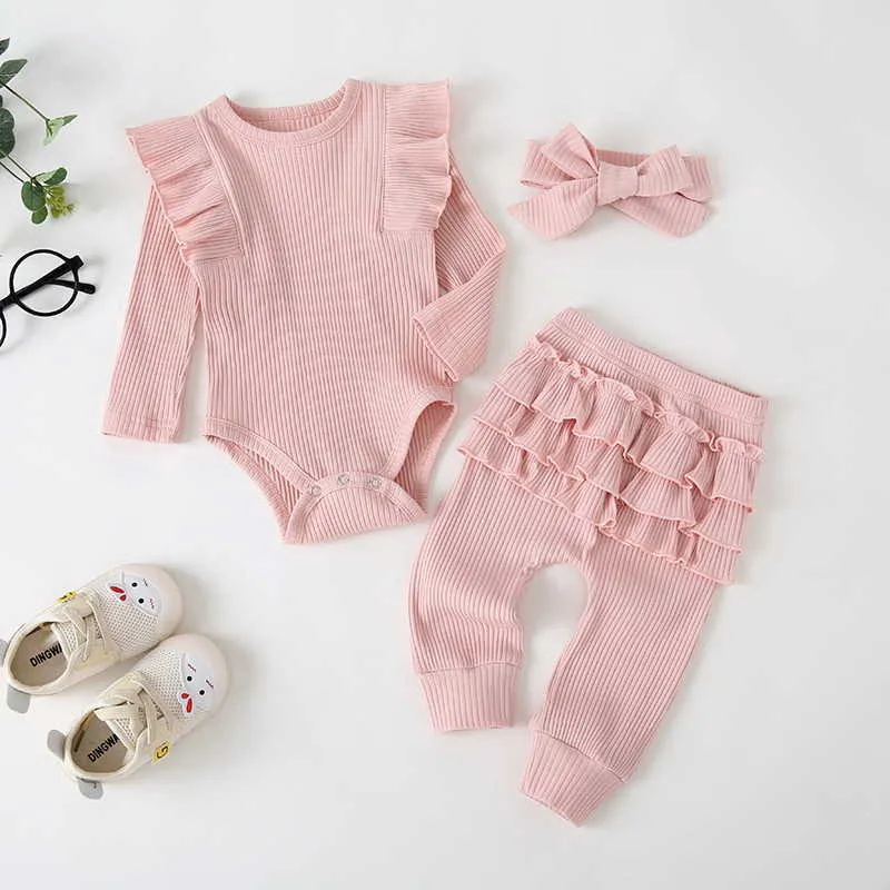 Atacado Primavera Bebê Pijamas 3-PCS Conjuntos Tricô Waftee mangas compridas Bodysuit + calças com roupas de cabeça E010 210610