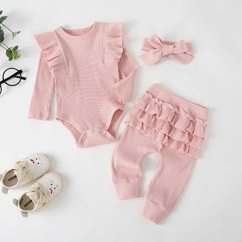 Partihandel Spring Baby Pyjamas 3-st sätter Stickning Waffee Långärmade Bodysuit + Byxor med huvudkläder E010 210610