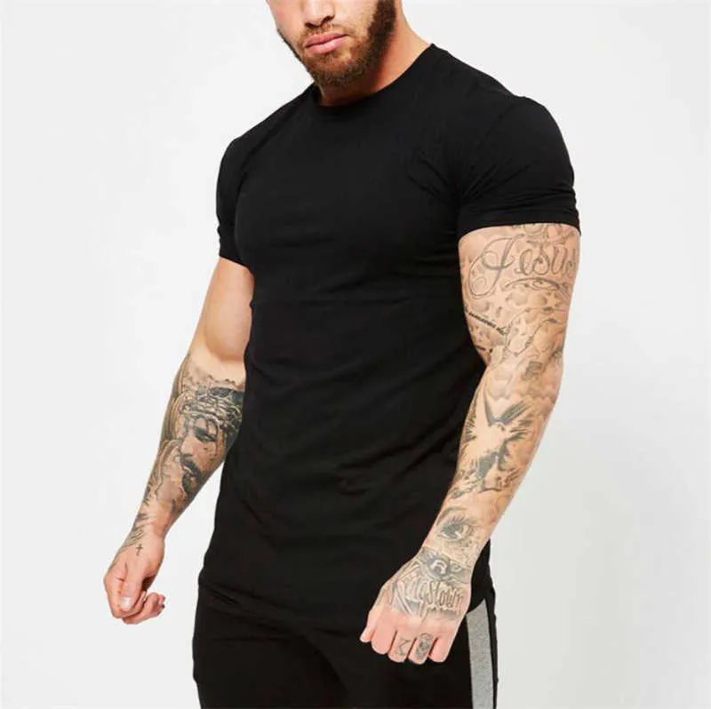 Mode d'été Solide À Manches Courtes T-shirt Hommes Fitness Vêtements Coton O-cou Silm Fit Casual T-shirts plus la taille M-2XL 210707