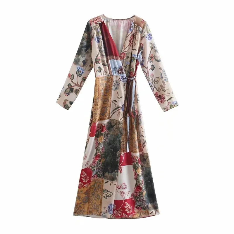 Florais retalhos longos vestido mulheres primavera manga vintage envoltório midi mulher fashion belip elegante es 210519