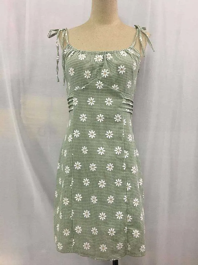 Söt blomma tryckt sommar kvinnor klänning bohemian spaghetti band spilld smal dam strand klänning w670 210526