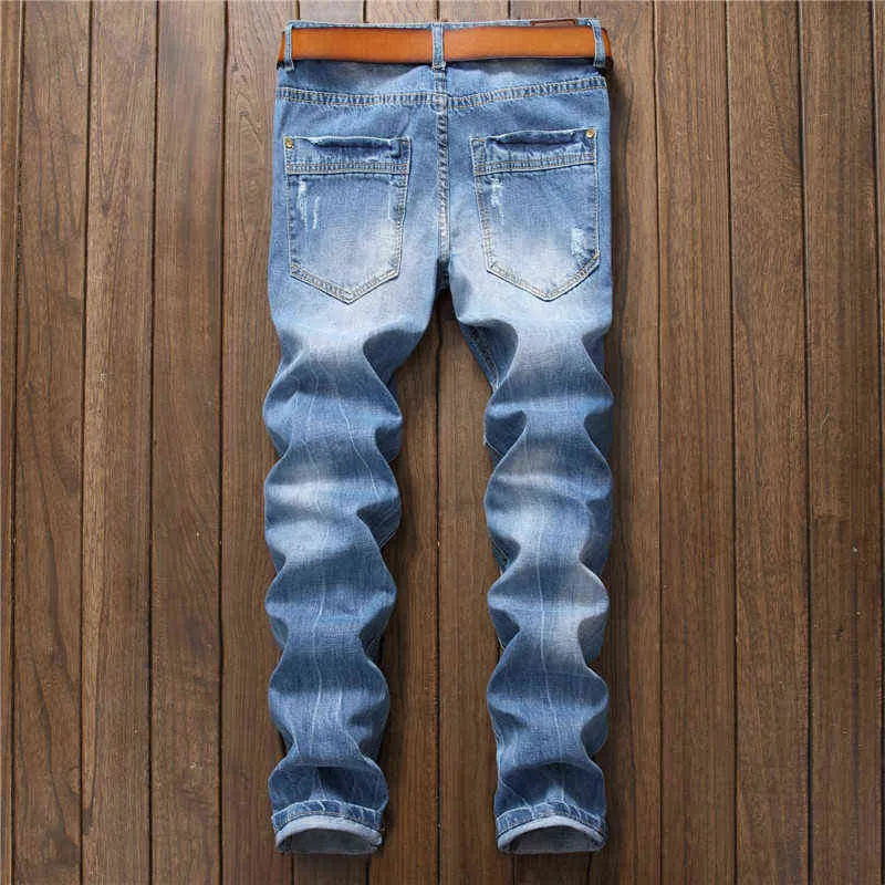 Casual Männer Jeans Solide Slim Fit Volle Länge Bleistift Hosen Plus Größe Hellblau Mode Denim für Zerrissene Männliche Hosen 211108