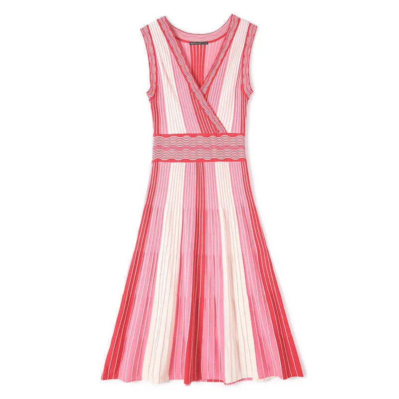 Kanske du röd rosa strip stickad lurex ärmlös tank ruched djup v nacke midi klänning pleat sexig sommar d0540 210529