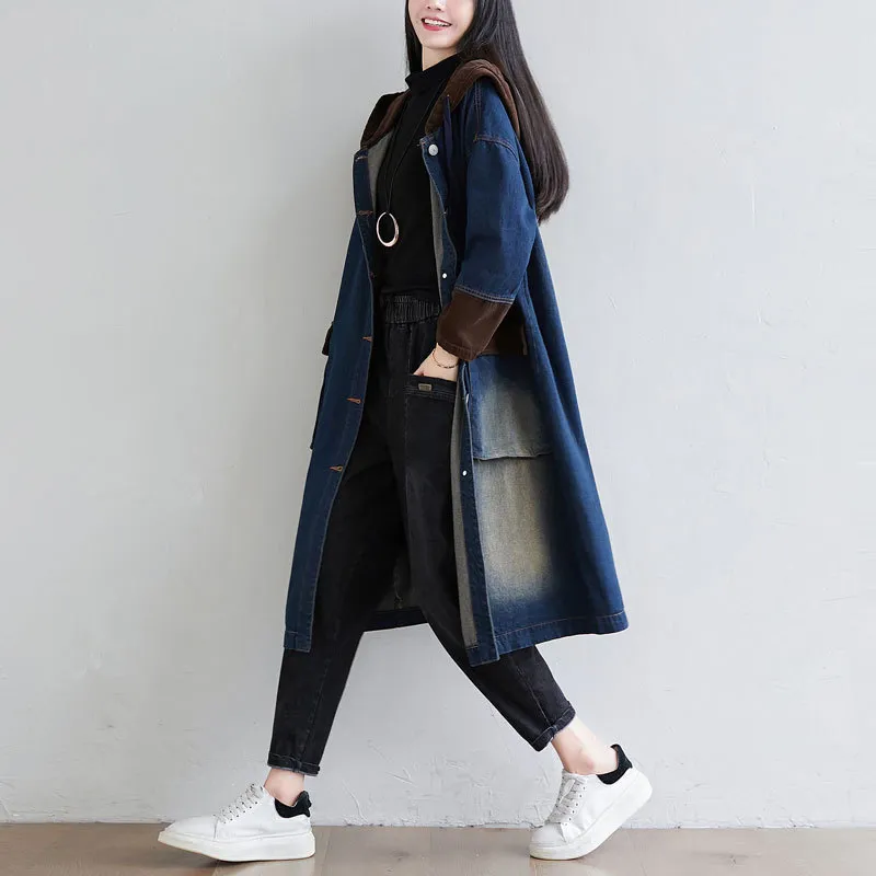 Johnature Women Vintage Denim Cotton Trench Patchwork Corduroy Winter Warm Coats Hooded Button Pockets Women Parkas 210521