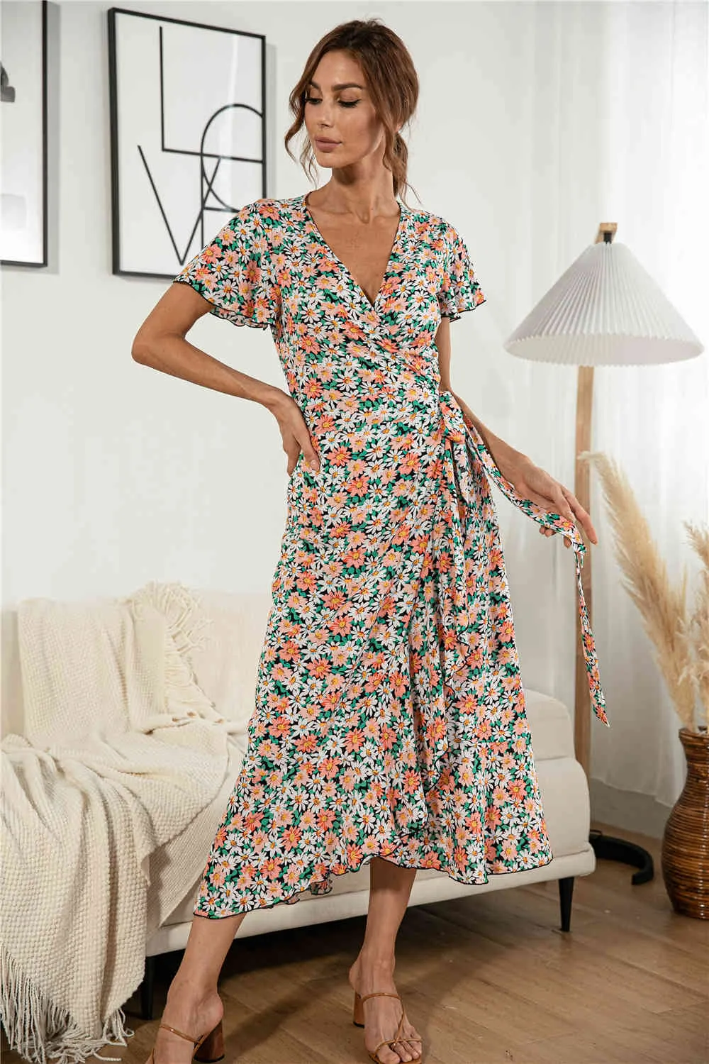 Verano con cuello en V con volantes con cordones vestido floral partido suelto playa boho vestido para mujer largo casual maxi vestido vintage vestido 210514