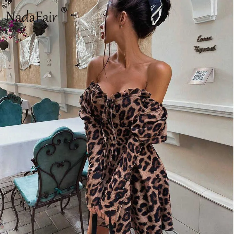 Nadafair Leopardo Del Manicotto di Soffio Mini Spalle Scoperte Donne Sexy Abito a Maniche Lunghe Autunno Pieghettato Stampa Animale Vestito da Partito Dell'annata Y1006