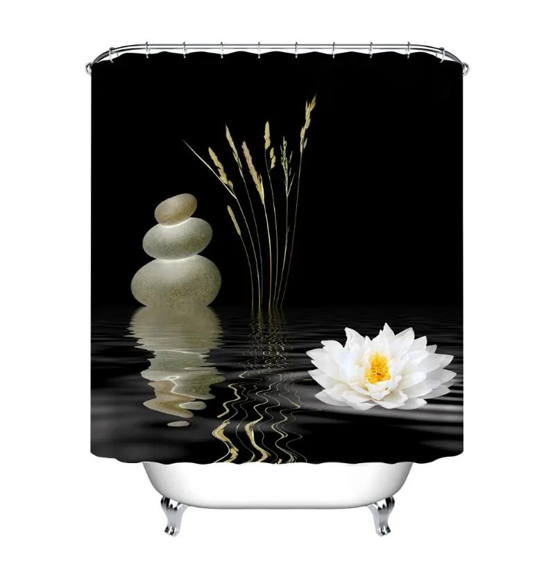 Zen Stone Douchegordijn Met Aziatische Lotusbloem Reflectie Op Water Badkamer Waterdicht Polyester Stof Voor Bad Decor Curtai256D