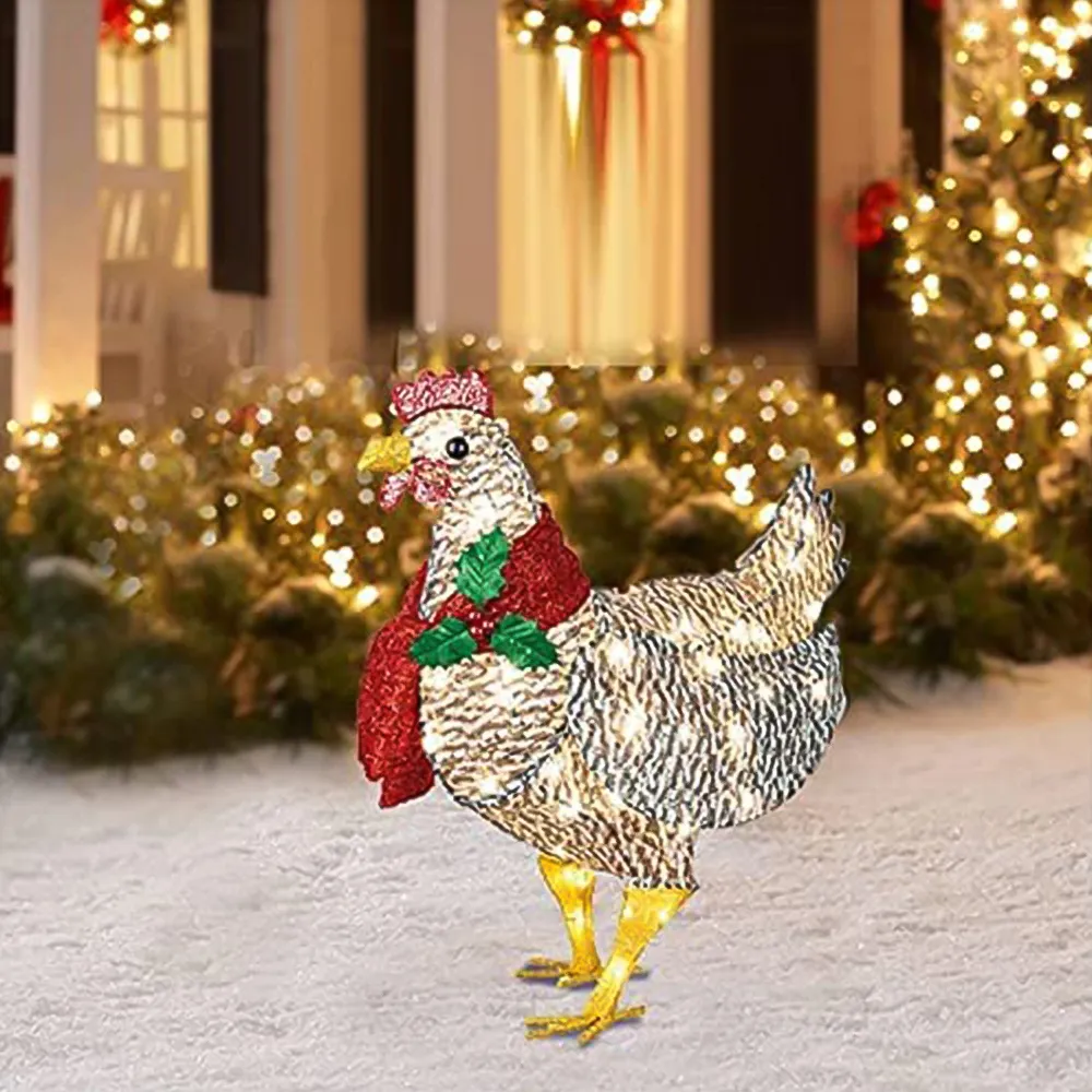 الصمام عيد الميلاد في الهواء الطلق الديكور الدجاج مضيئة مع وشاح عطلة حديقة كورتيارد الجو الديكور