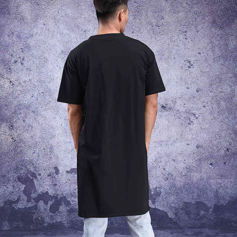 Vêtements d'été personnalité longue demi-manche t-shirt bas chemise à manches courtes t-shirt ample sur le genou long hommes 210722