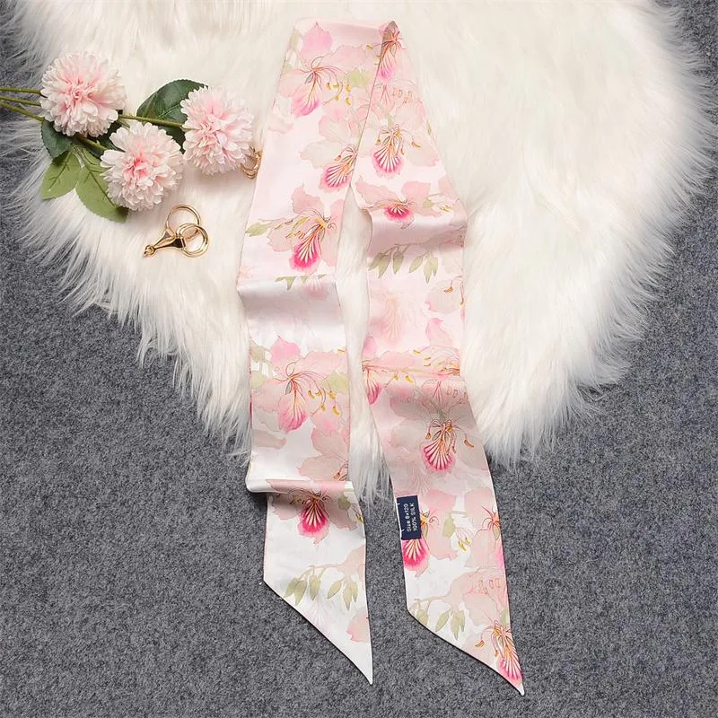 Scarves 100% Mulberry Silk Twill Pink Scarf For Handbag Purse-Small Fashion Ribbon Neckerchief Women Hair Floral Print251g