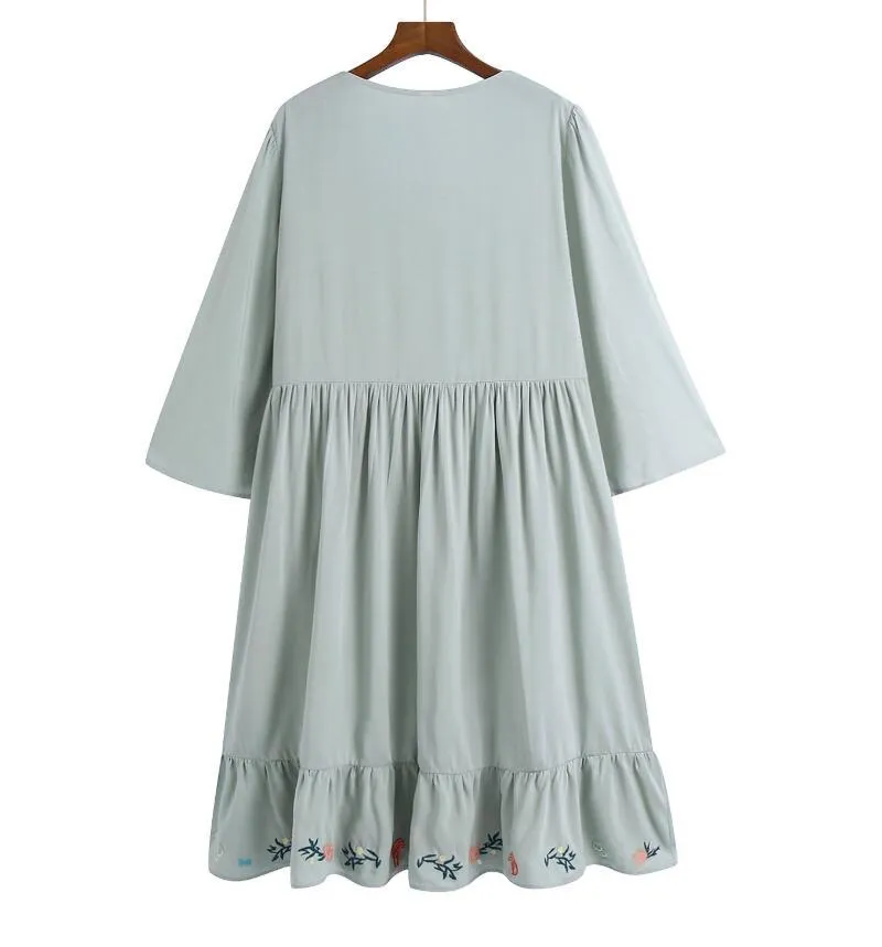 BOHO Square Collar Gray Floral Embroidery Women Dress Holiday Flare Sleeve Spliced Pleated Ruched Loose Midi Dresses Beach 210429