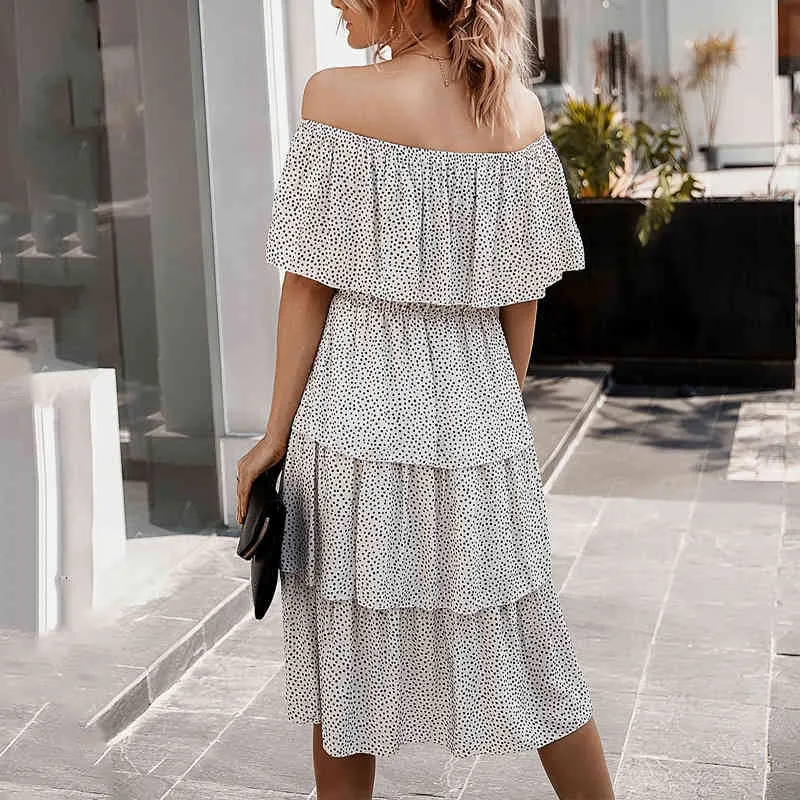 Été Élégant Boho Cupcake Imprimer Dot Midi Robe Femme Sexy Mode Slash Col Col Plage Robes Femmes Sundresses Vestidos 210514