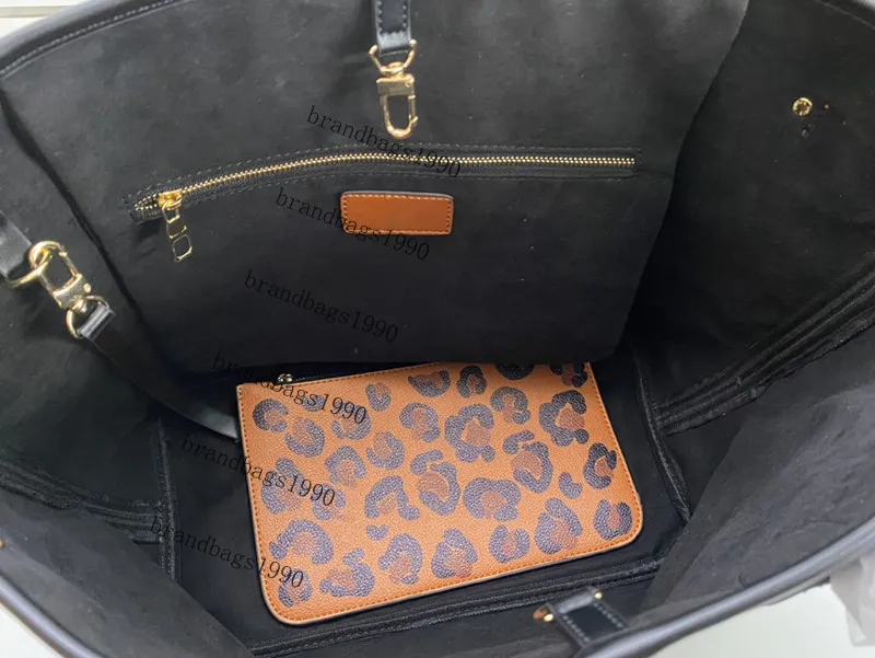 Vit Leopard Shopping Bag Cowhide Leather Canvas Women Totes Handväskor Never Single Shoulder Bags2951