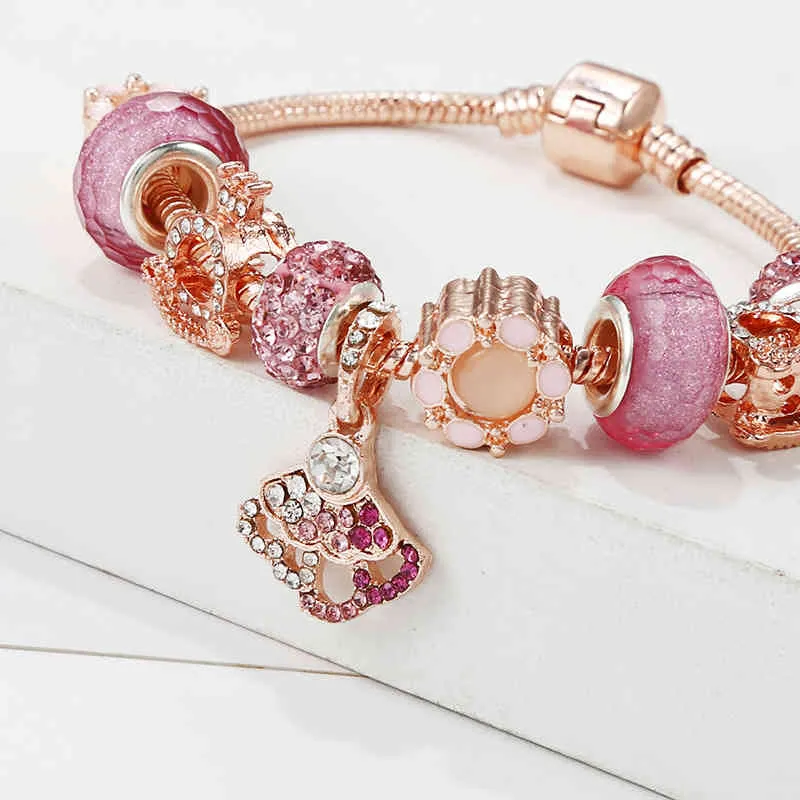 Nouveau Bracelet à breloques femme or Rose pendentif perlé bricolage alliage grand trou perle bijoux en gros Souvenir cadeau 7615050