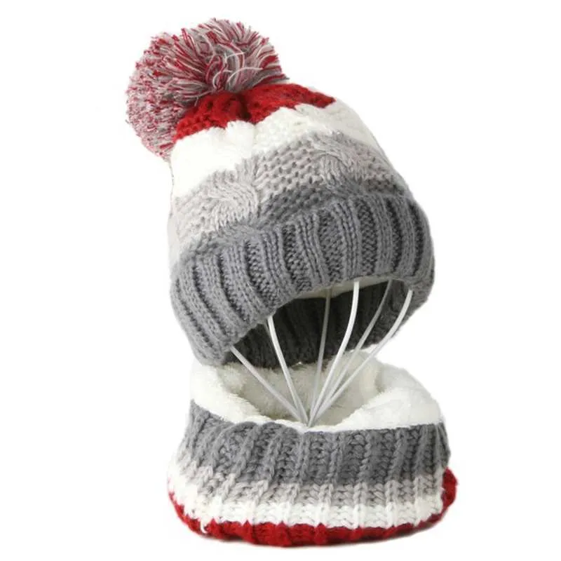 Kinder-Winter-2-teiliges Zopfmuster-Beanie-Mütze-Schal-Set mit süßem Pompom, kontrastfarbenen Streifen, Totenkopf-Mütze, Plüsch-gefütterter Halswärmer
