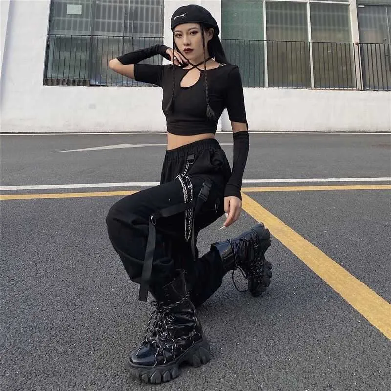 Houzhou Gothic Harajuku Zwarte Ketting Cargo Broek Dames Streetwear Koreaanse stijl Oversize Harembroek Goth Punk Plus Size Broeken Q0801