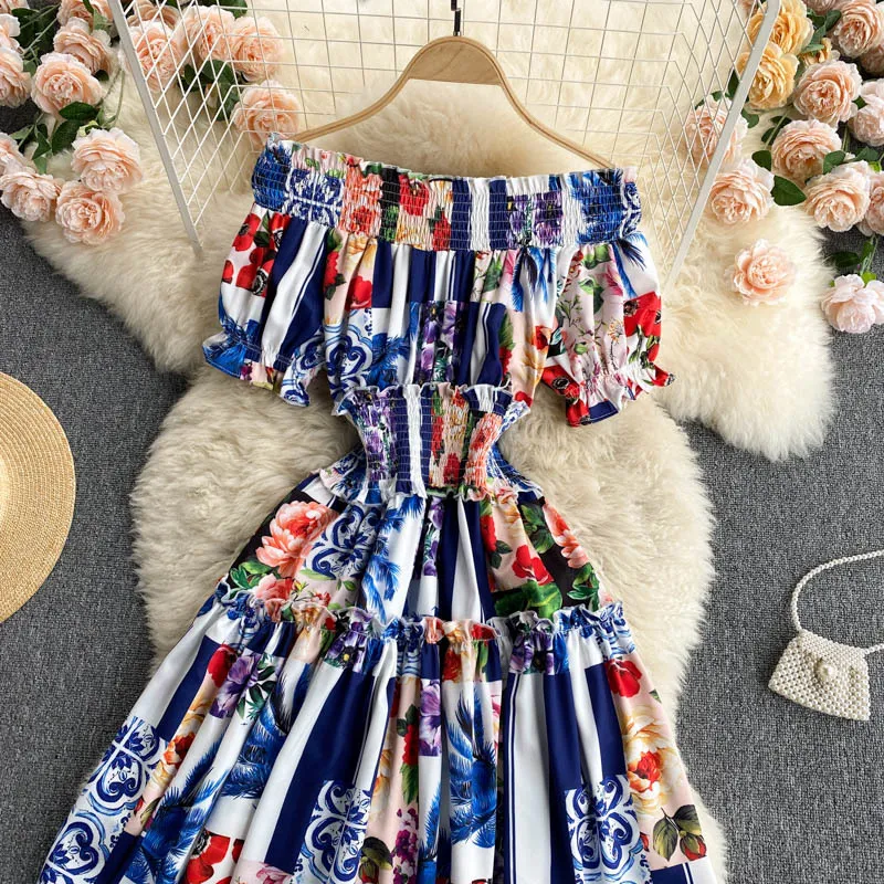 Summer Fashion Vestidos Women's Color Matching Printed Word Collar Puff Sleeve Mini Dress with Wooden Ears GK720 210506