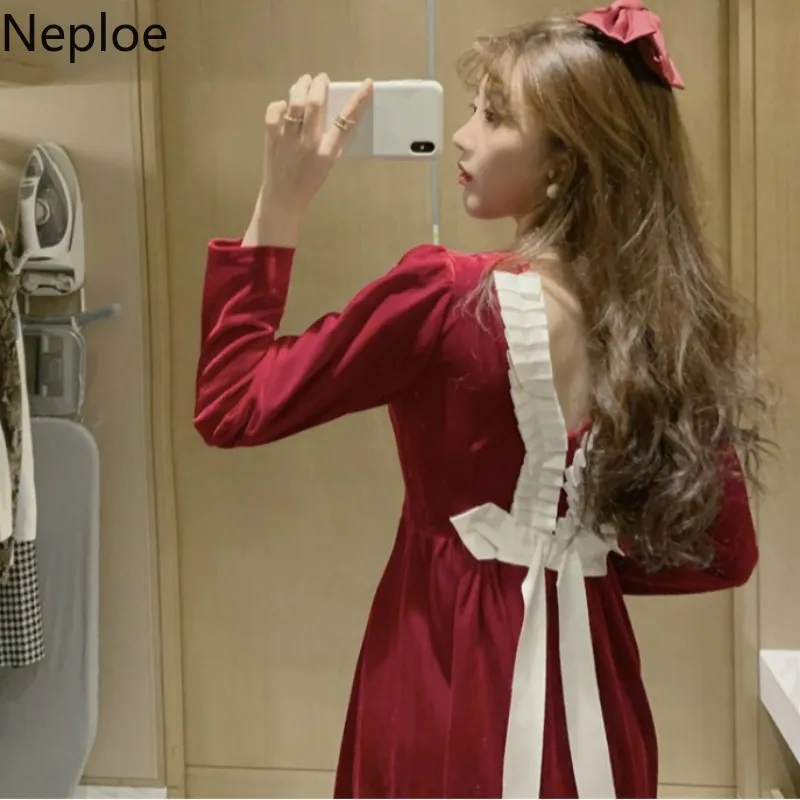 Neploe Vintage Velvet Woman Dress Sexy Lady Lace Up Backless Abiti A-line Slim Fit Temperament Party Abiti longuette Donna 210422