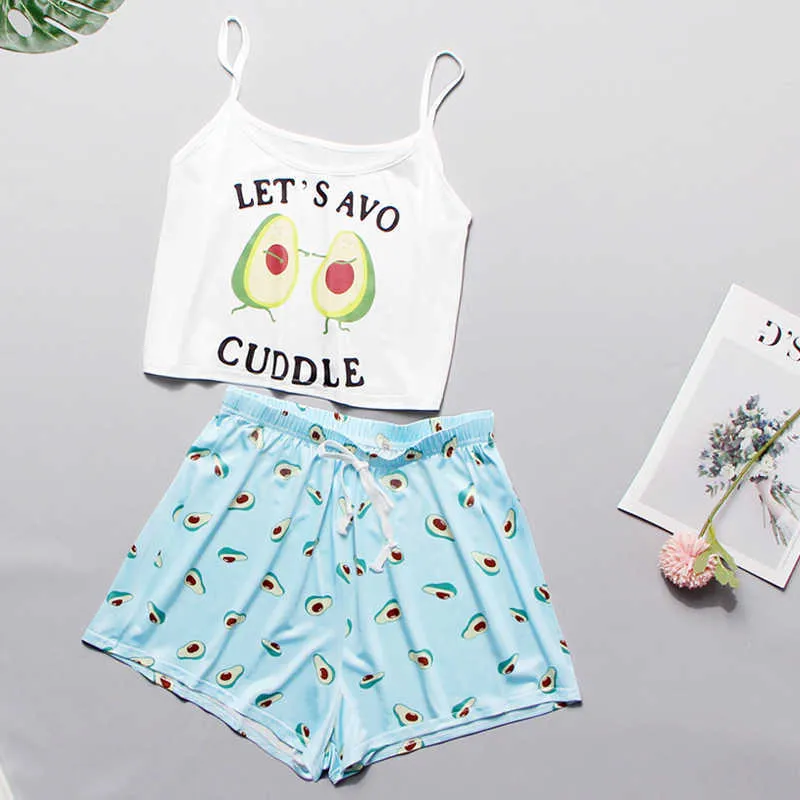 Damen-Pyjama-Set mit süßem Cartoon-Druck, Cami-Top und Shorts, lässig, PJ, Sommer, sexy, ärmellos, Nachtwäsche, S 210901