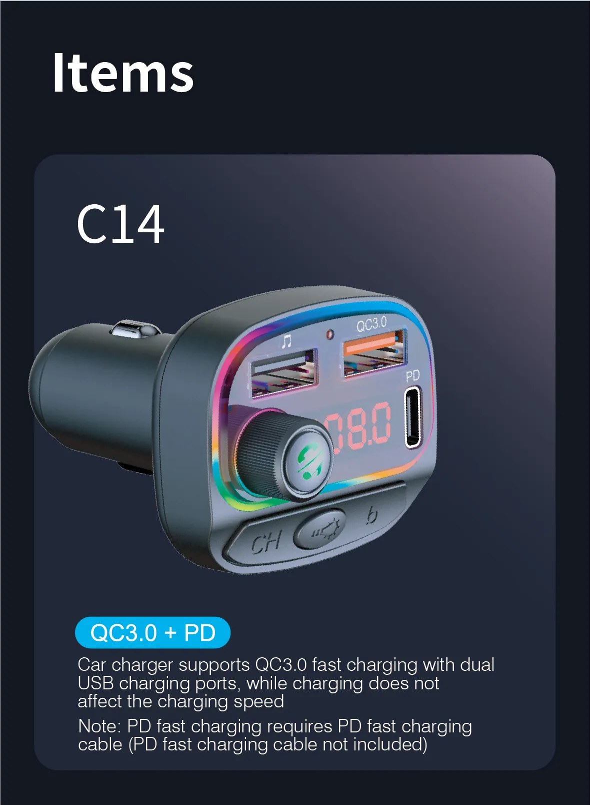 Bluetooth 5.0 Bil MP3-spelare FM-sändare Wireless Handsfree Car Kit Support QC3.0 + 18W PD Laddare med EQ LED RGB Backlit