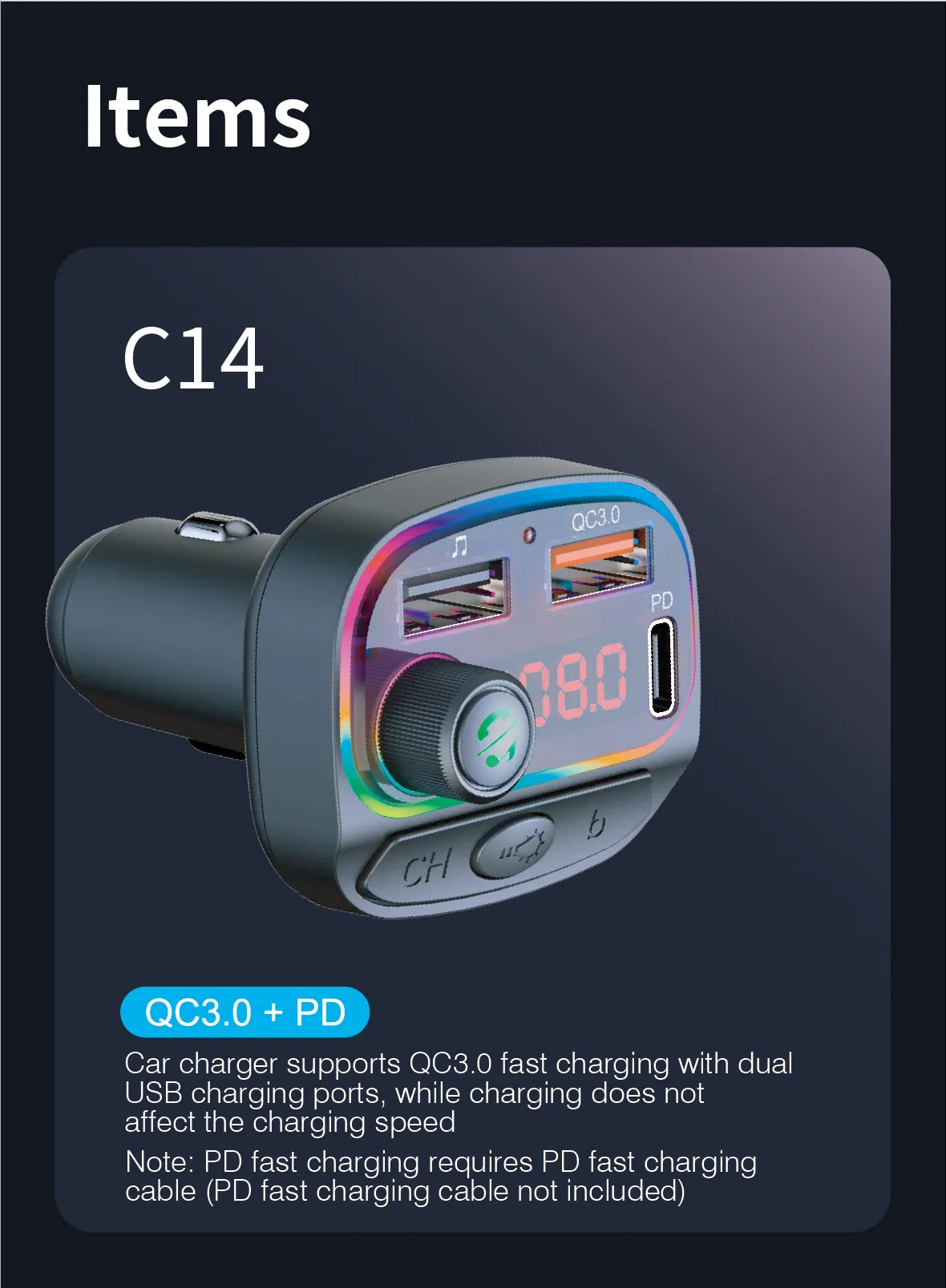 Bluetooth 5.0 FM Transmitter Car MP3 Player Wireless Handsfree Car Kit for Phone QC3.0+18W PD Quick Charger RGB Breathing Light U Disk Music