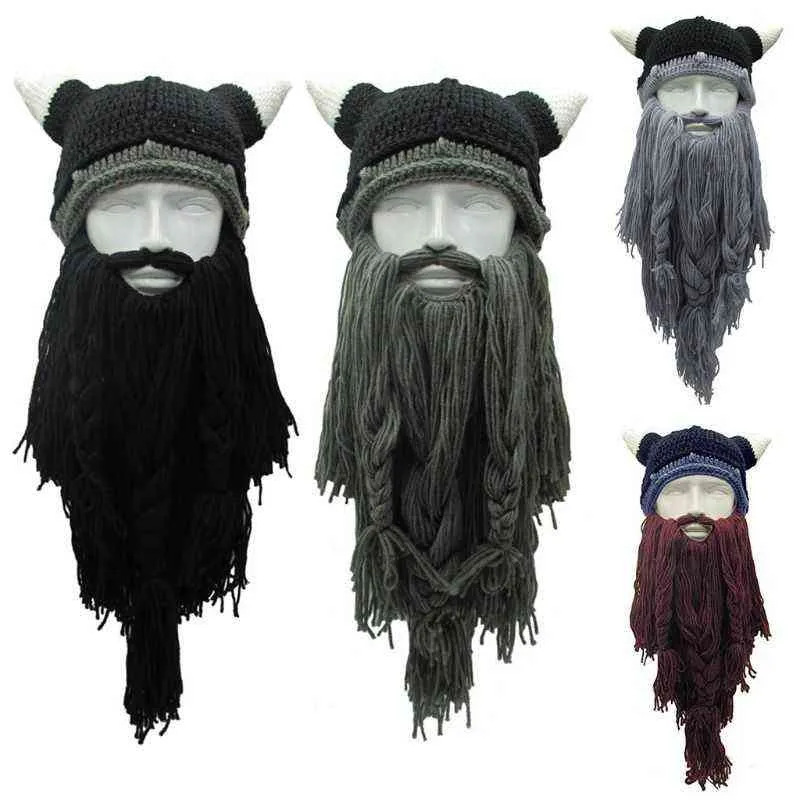 Adult Crazy Funny Halloween Cosplay Knitted Viking Beard Horn Hat Ski Mask Barbarian Vagabond Vintage Beanie Cap Winter Warmer Y21111