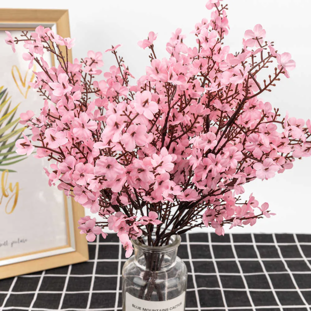 Silk Gypsophila Artificial Flowers for Decoration Home Plastic Stem Bride Wedding Bouquet Mariage Cherry Blossom Fake Flower DIY Y0630