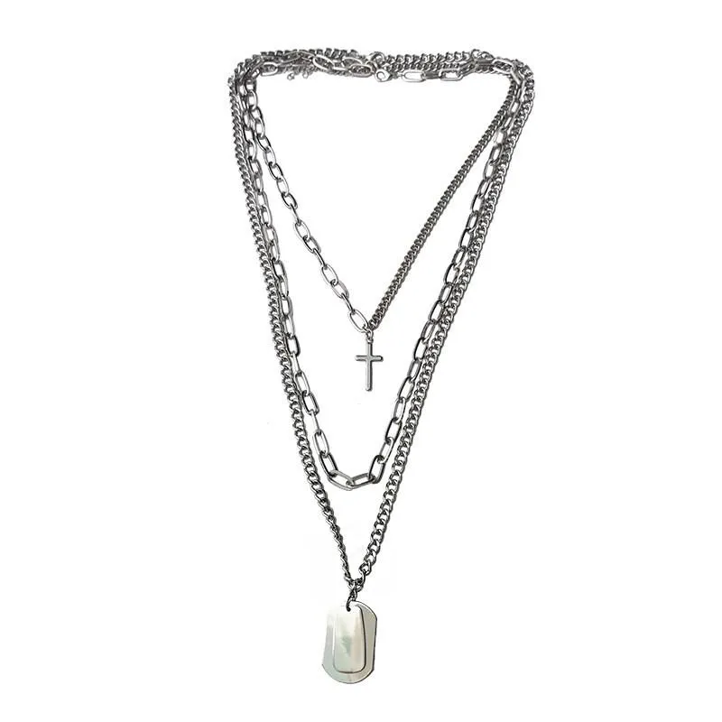 Pendant Necklaces Trendy Metal Cross Women Necklace Sliver Punk Multi-layer Jewelry Personality Cool Chain Gifts235T