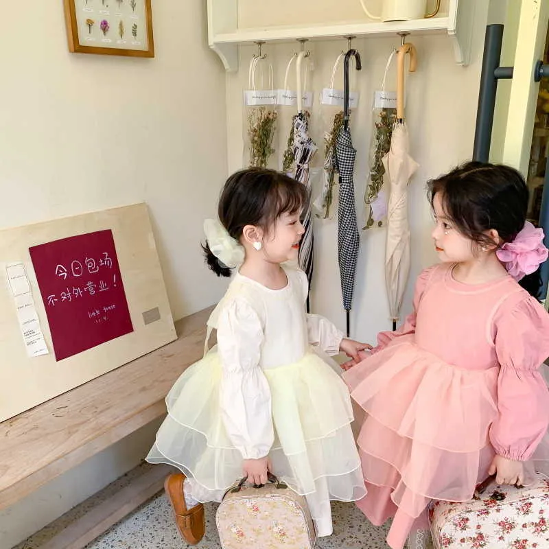 Spring Girls Party Dress 2-pcs Sets Long Sleeves Girl Cute Cake Dresses for Weddings Kids Children Clothes E628 210610