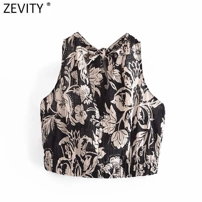 Zevity Women Vintage Tropical Floral Print Short Smock Blouse Female Sleeveles Backless Bow Tie Vest Shirt Chic Crop Tops LS9253 210603