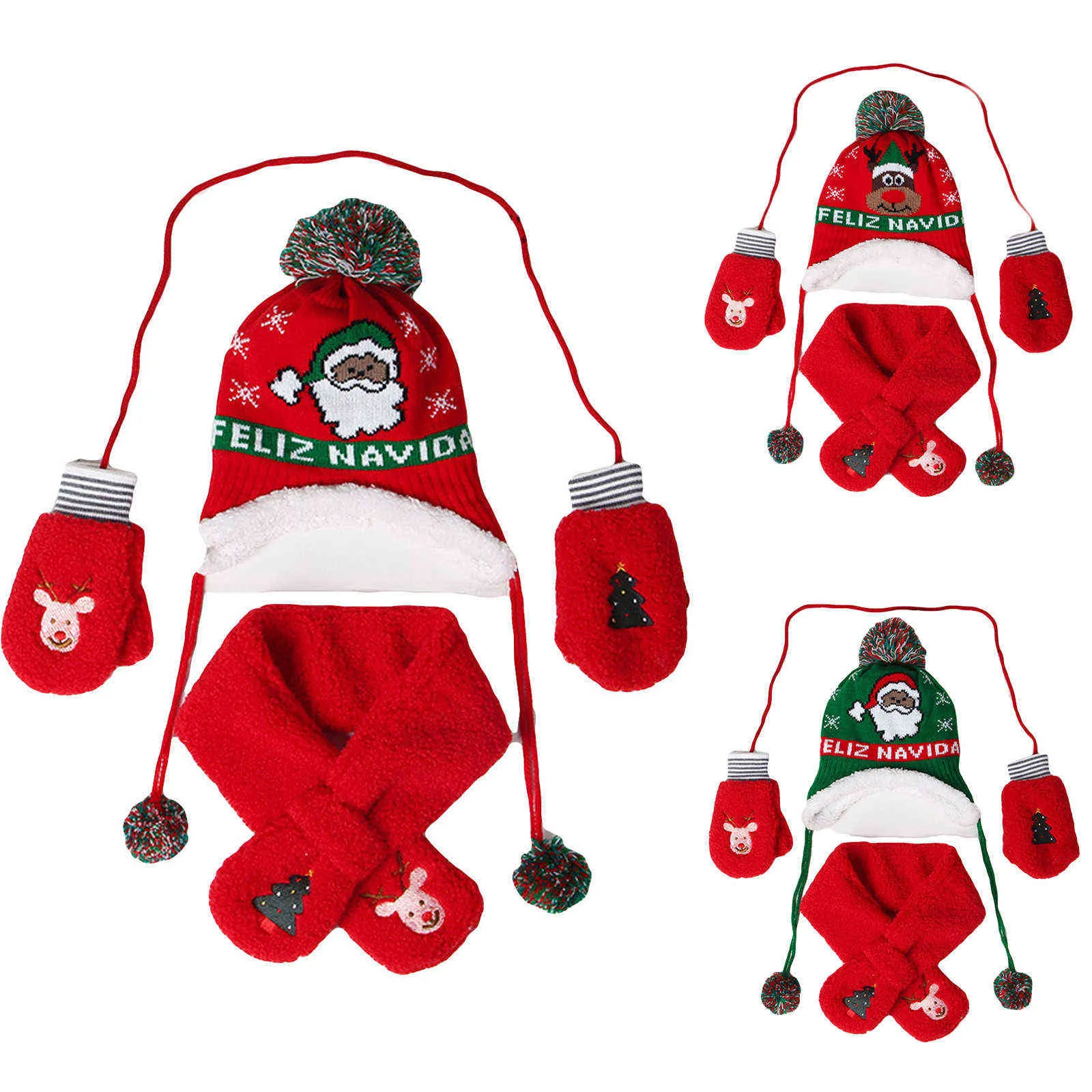 Bambini Inverno Cappelli Caldi Sciarpa Guanti Set Berretti Bambini Berretto Peluche Lavorato a Maglia Ragazza Ragazzo Bambino Natale Rosso