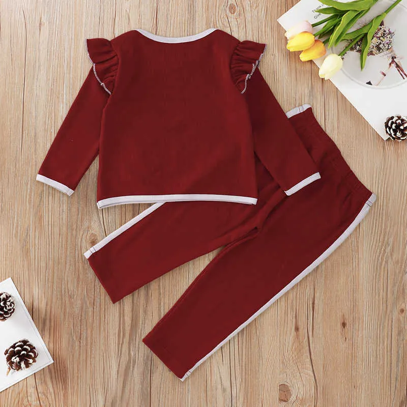 Inverno Bambini Imposta Casual Manica lunga O Collo Ruffles T-shirt Pantaloni rossi Carino 2 pezzi Ragazzi vestiti 0-24M 210629