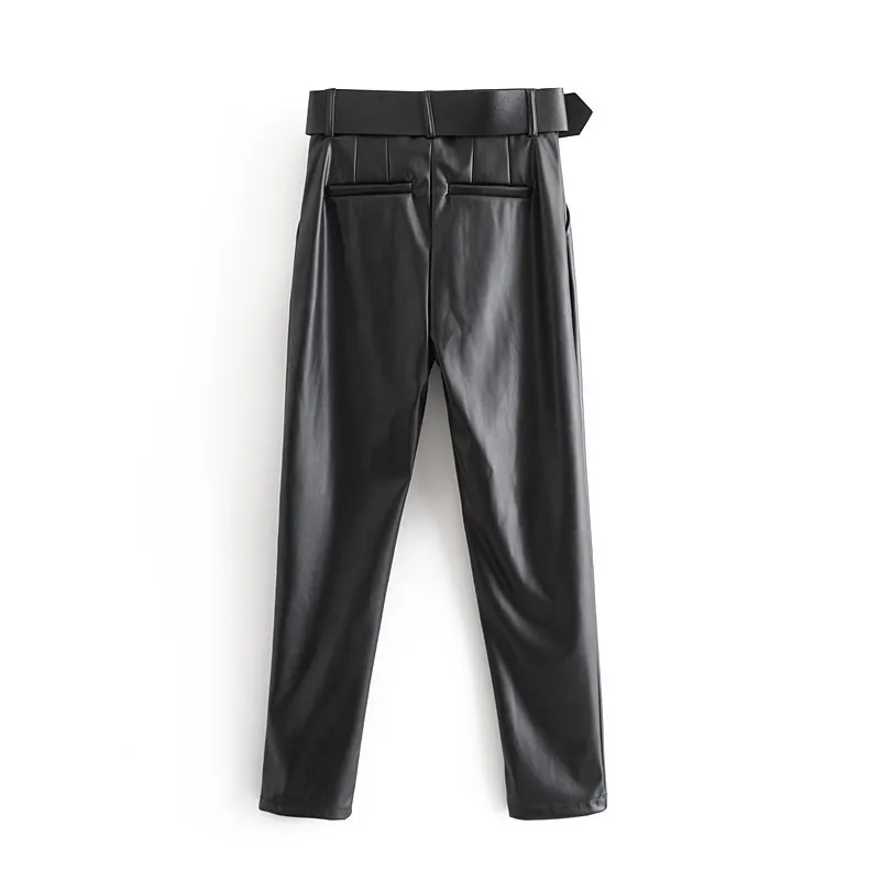 Mujeres pantalones de cuero de imitación negra con cinturón de cintura alta bolsas Oficina de la oficina Long Harem pantalones Pantalones 210508