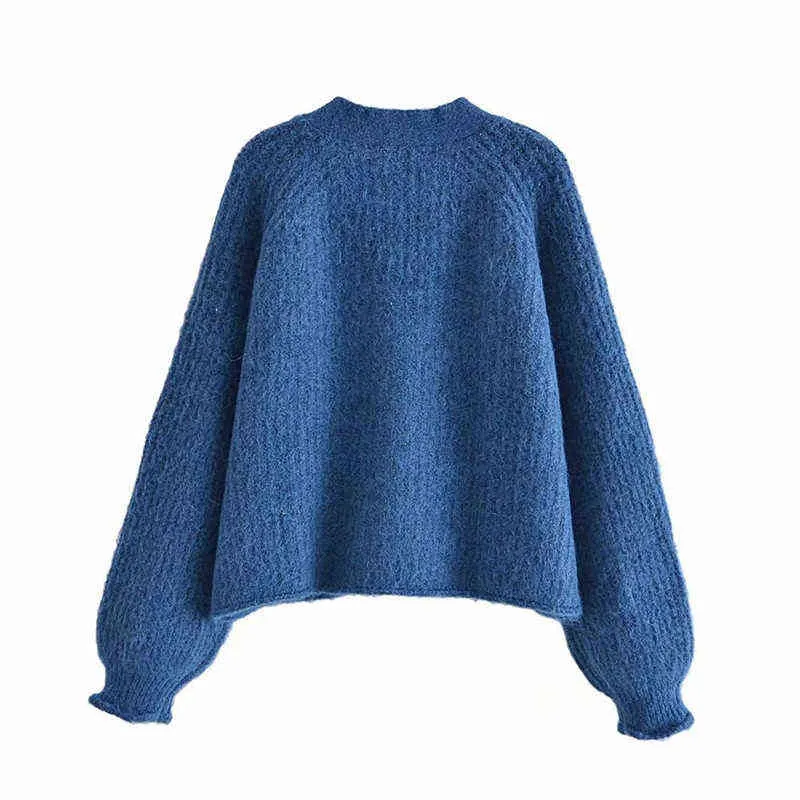 Za hiver bleu surdimensionné tricot Cardigan femmes à manches longues grande taille pull ample féminin Chic bouton haut tricoté manteau hauts 211117