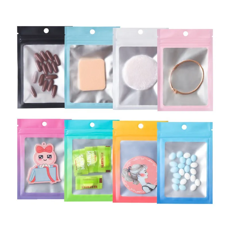 Färgglada Clear Windiw Zip Lock Bag med Hang Hole Tear Notch Biscuits Candy Food Tea Reusable Storage Packaging Pouches