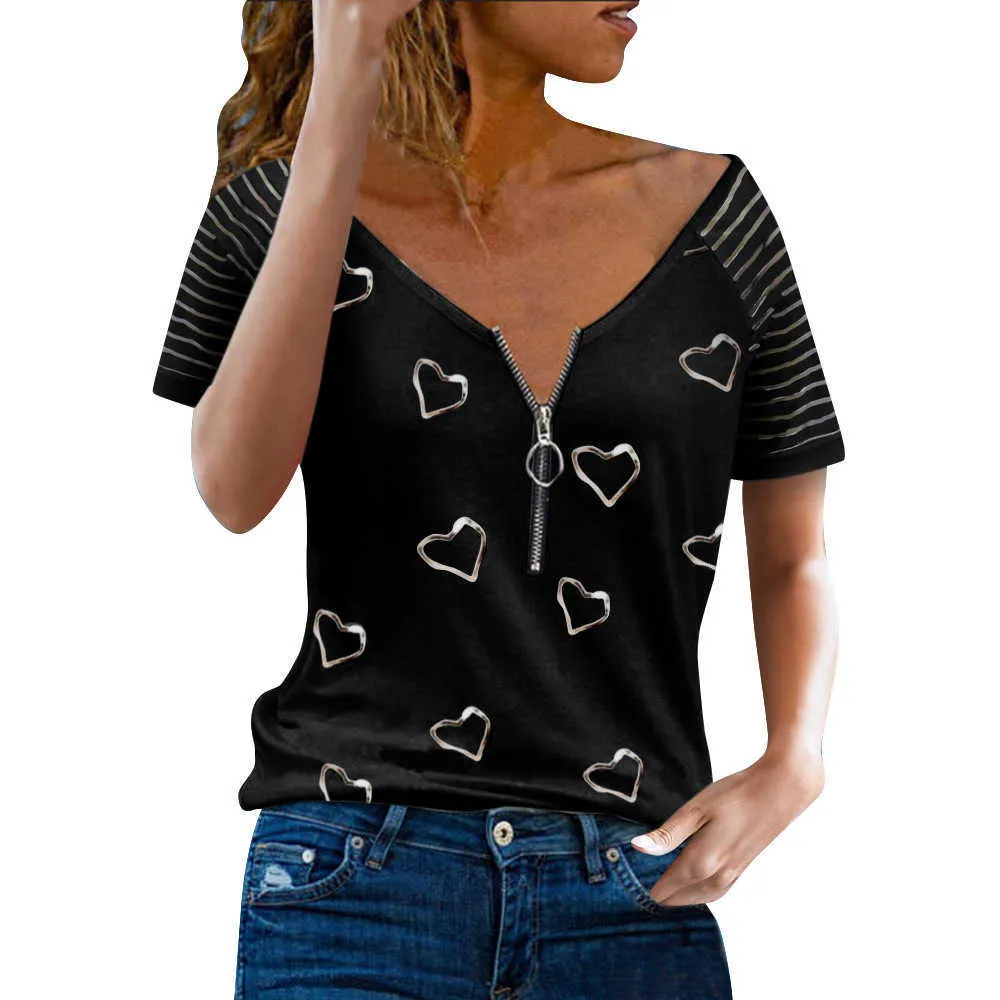 Sommer Herz Print Frauen T-shirts Sexy V-ausschnitt Reißverschluss Dekor Mesh Streifen Kurzarm Lose Pullover Lässige Weibliche Streetwear T-Shirts 210526