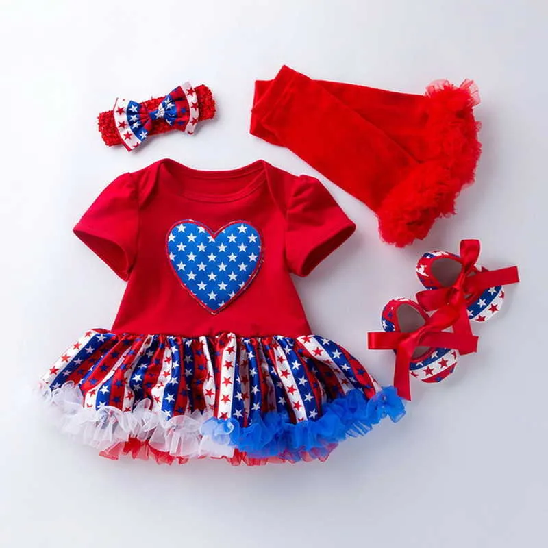 Summer Baby Girls 4-pcs Sets Love Heart Bodysuit Dress + Headwear Shoes Socks Outfits Children Jumpsuit E4011 210610