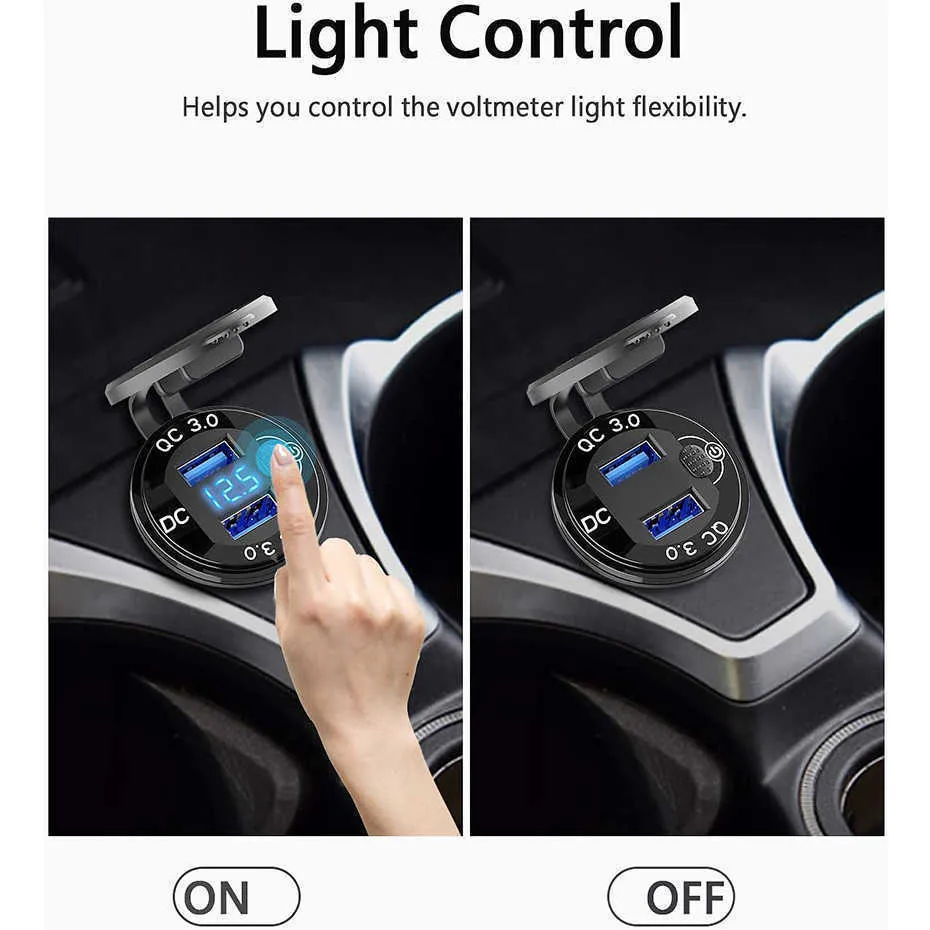 LED Display 36W 12V USB Socket Car QC3.0 Metal Switch Waterproof Universal Truck Car Lighter Socket Plug For Phone Tablet Camera