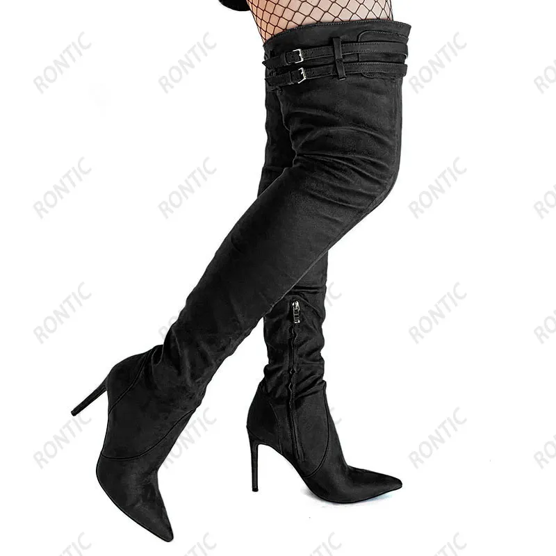 Rontic – bottes longues en Faux daim pour femme, chaussures d'hiver faites à la main, avec fermeture éclair latérale, talons hauts, bout pointu, élégantes, noires, chaussures de fête, taille américaine 5-15