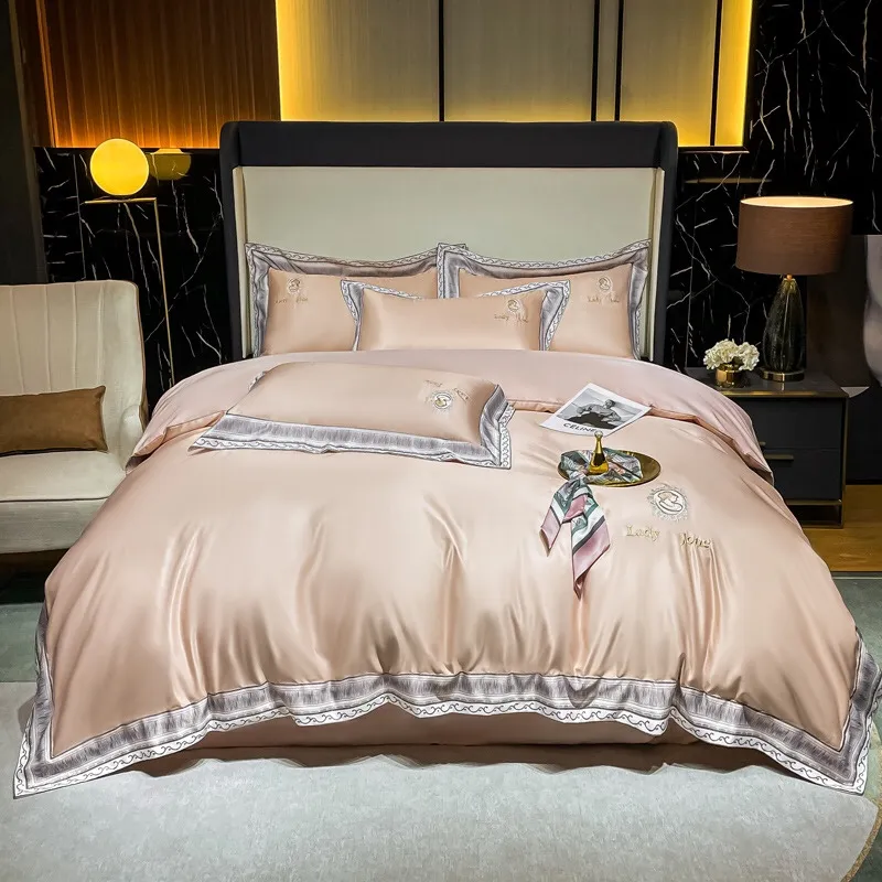Lençóis têxteis domésticos 4 peças conjuntos de coloração pura de cor bordada na cama bordada na cama de colcha folha ajustada