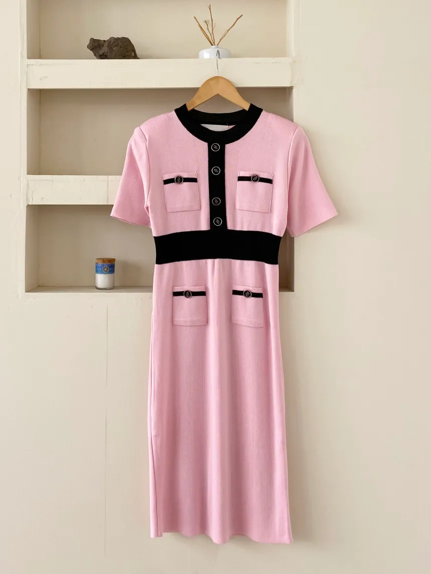 Zomer kleur-geblokkeerde gebreide jurk vrouwen Koreaanse vintage elegante korte mouw O-hals jurken single breasted pockets vestidos 210513