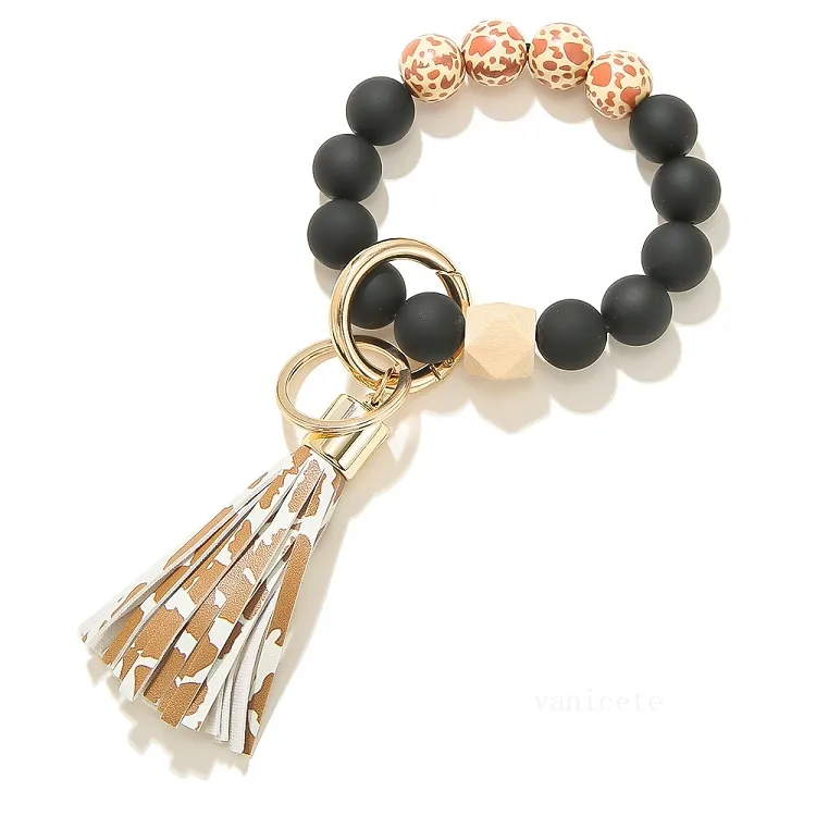 Black Frosted Wooden Bead Bracelet Keychain Fashion Pattern Tassel Pendant Bracelets Women Girl Key ring Wrist Strap T2I53323