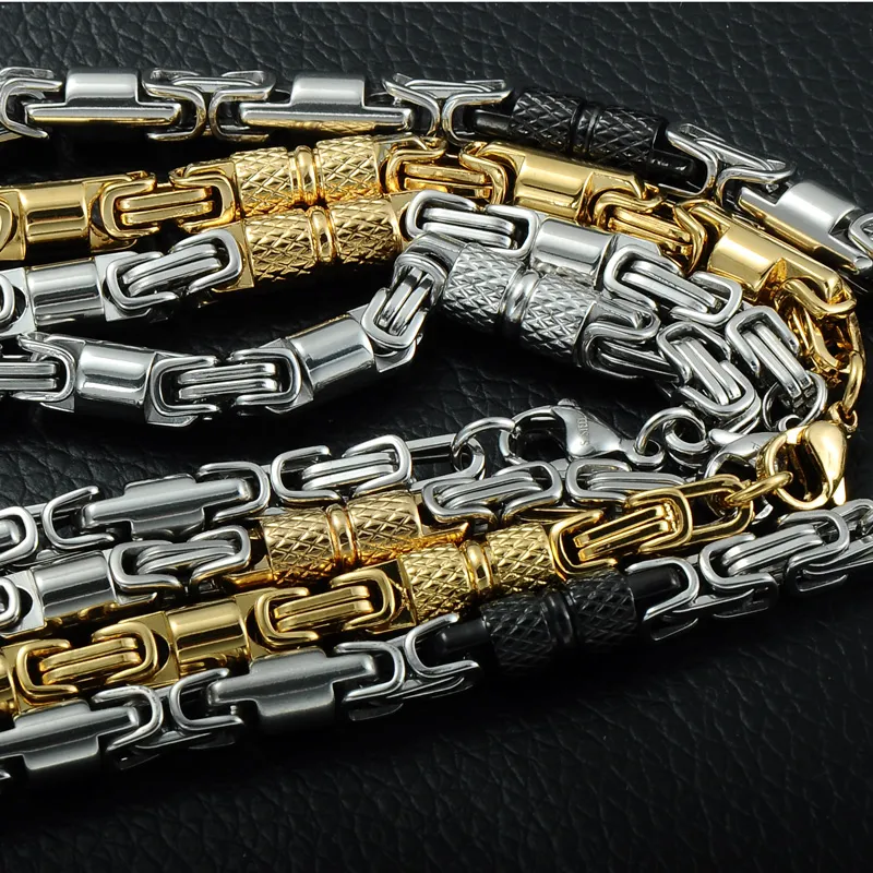 Två ton guldfärghalsband titan rostfritt stål 55 cm 6mm tung länk byzantinska kedjor halsband för män smycken282i