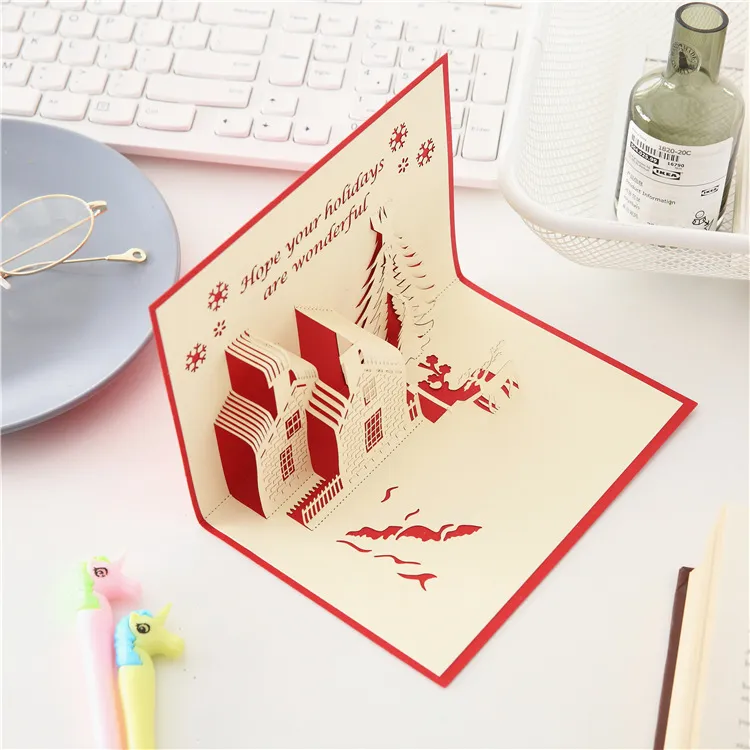 Christmas 3D Greeting Cards Colorful Tree Laser Cutting Envelope Postcard Hollow Carved Handmade Children Gift Card