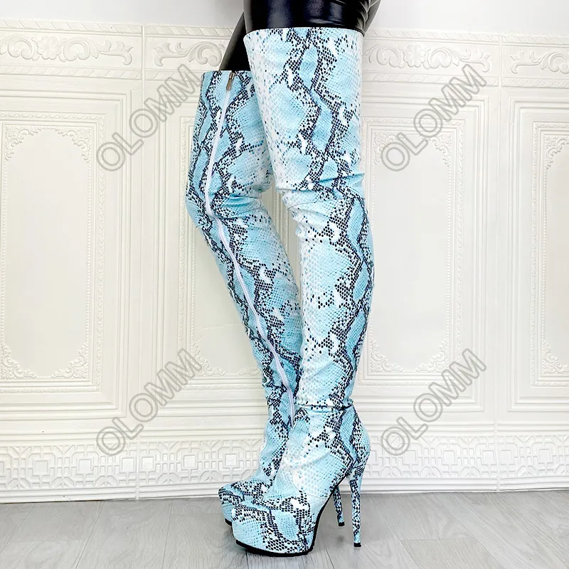 Rontic fait à la main femmes hiver cuissardes bottes serpent motif talons aiguilles bout rond magnifiques chaussures bleu clair Plus taille américaine 5-20