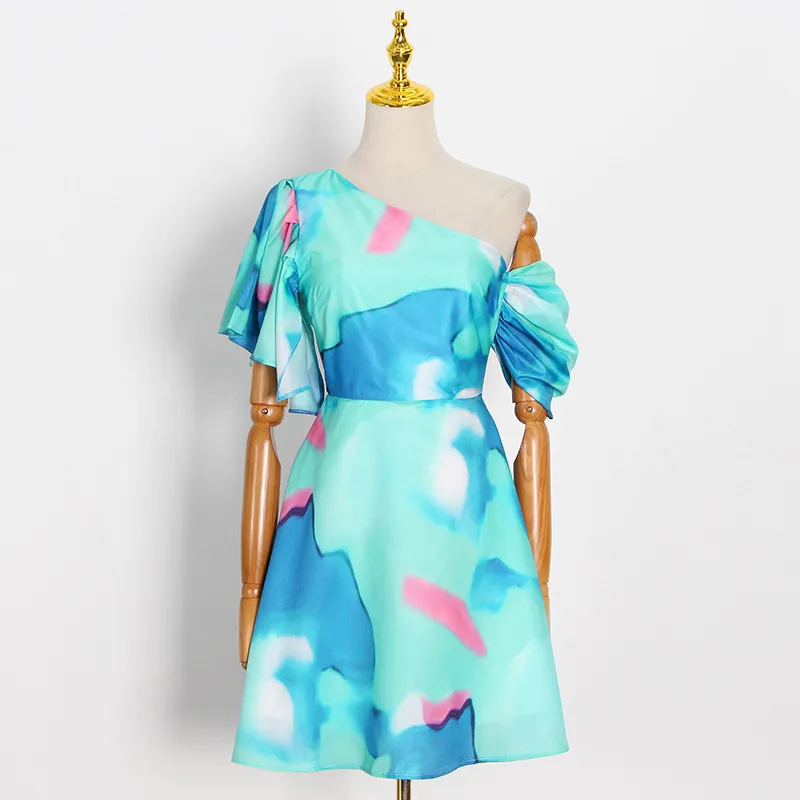 Women Dress Butterfly Sleeve Off Shoulder Printing Dresses Woman Asymmetry Plus Size Sexy Short Summer 210513