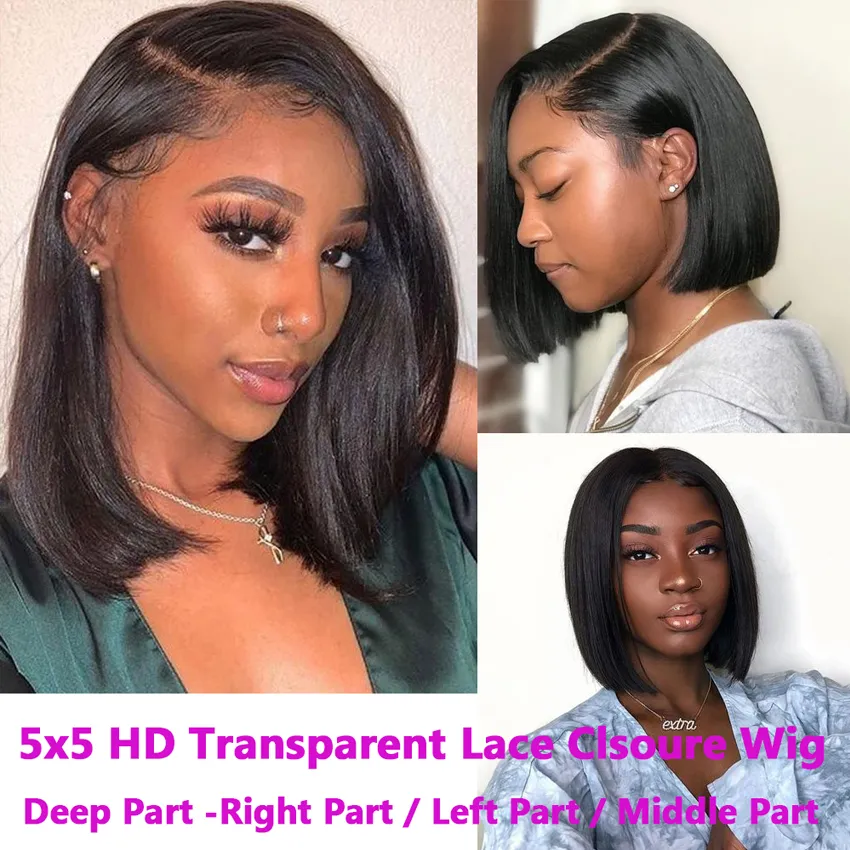 Transparent 5x5 Dentelle Fermeture Perruque Court Bob Brésilien Remy Perruques de Cheveux Humains Vierge Droite Pour Les Femmes