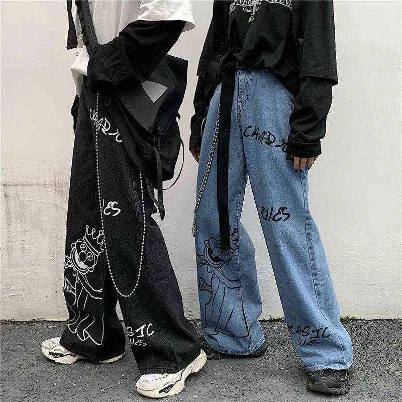 Jeans de rue imprimés graffitis gothiques pour femmes pantalons amples à jambes larges harajuku pantalons décontractés tout-match femmes 211129