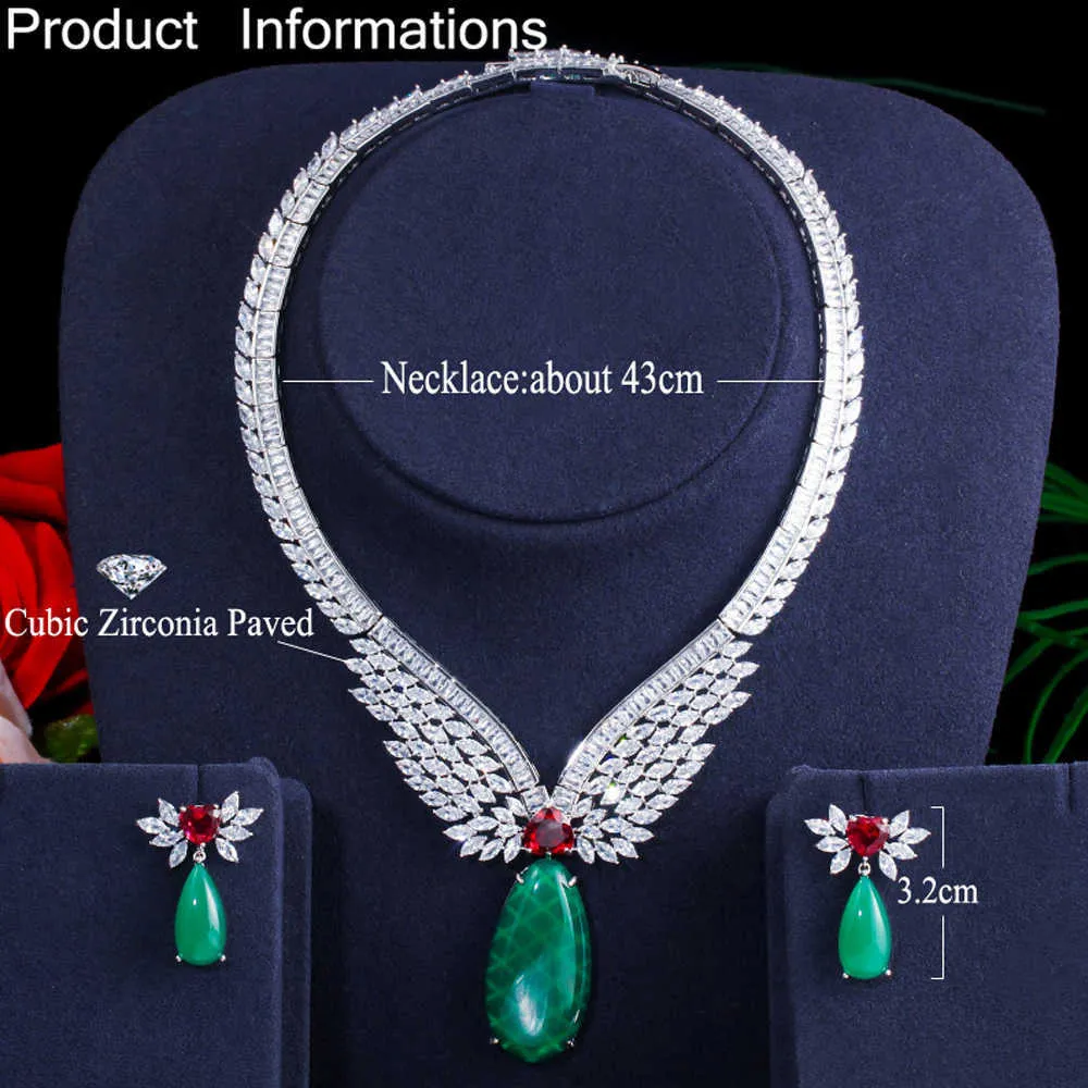 ThreeGraces Trendy Green CZ Zircon Stone Bridal Wedding Necklace Earrings Jewelry Sets for Women pendientes mujer moda JS640 H1022