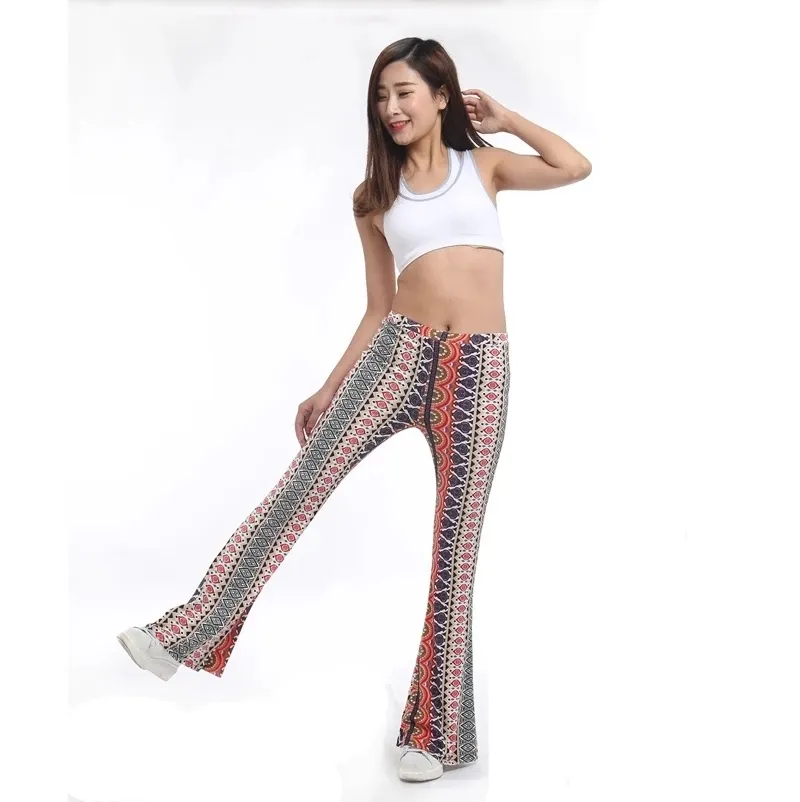 Hög midjetryck Flare Leggings Summer Vintage Pants Women Fashion Sexy BodyCon Trousers Casual Bell Bottom 220211